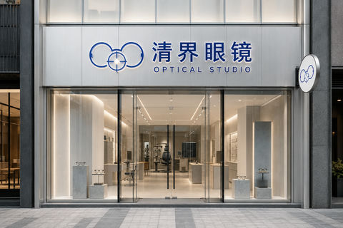 清界眼镜现代极简双层挑高商业门头设计 - AI图片提示词示例