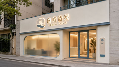 白屿齿科：极简主义社区诊所门头设计 - AI图片提示词示例