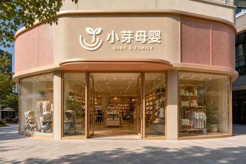 极简现代小芽母婴店门头设计 - AI图片提示词示例