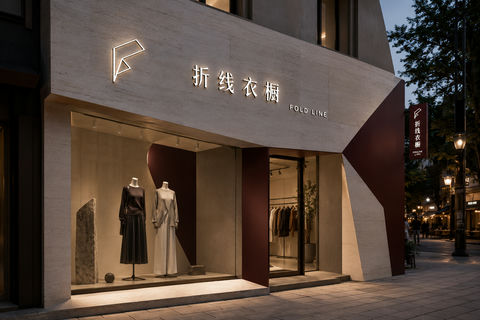 极简都市风折线衣橱女装店门头设计 - AI图片提示词示例