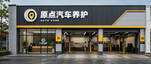 原点汽车养护现代工业风门店立面设计 - AI图片提示词示例