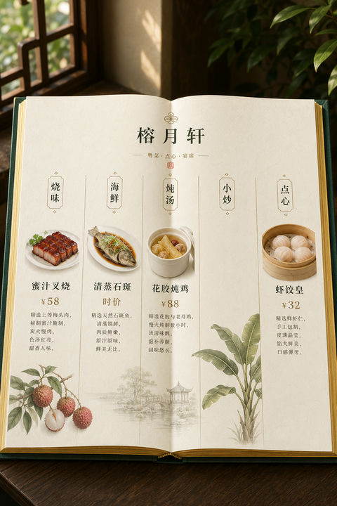 岭南粤菜馆榕月轩精装菜单内页设计 - AI图片提示词示例
