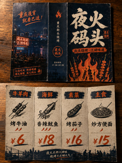 赛博霓虹码头风江湖烧烤折页菜单设计 - AI图片提示词示例