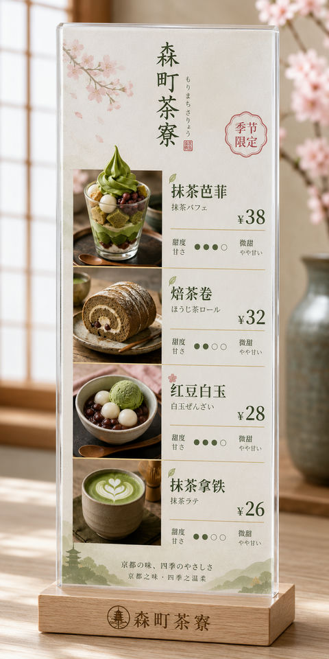 森町茶寮日系抹茶甜品店桌面立牌设计 - AI图片提示词示例
