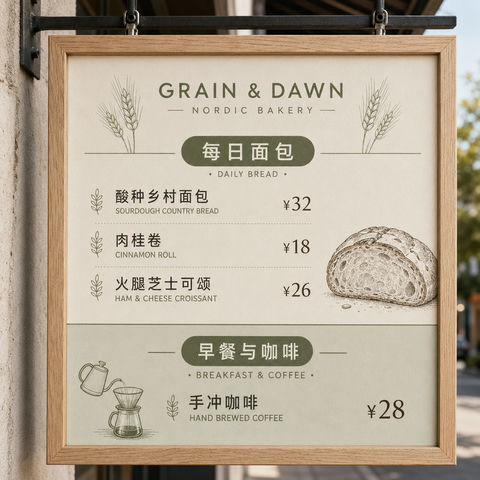 北欧风烘焙店简约悬挂式菜单设计 - AI图片提示词示例