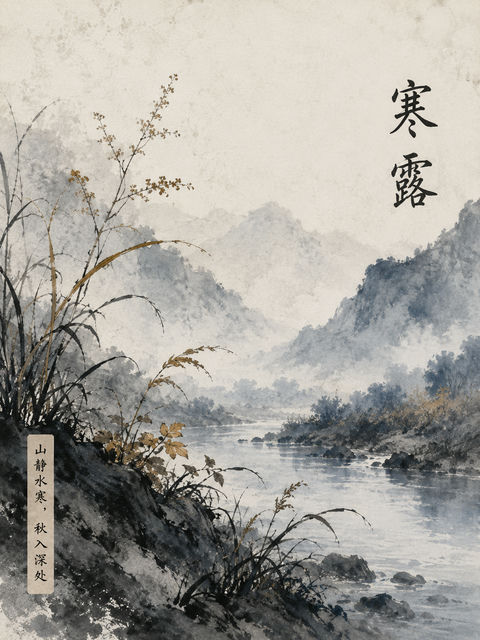 寒露深秋清晨空山溪谷水墨海报 - AI图片提示词示例