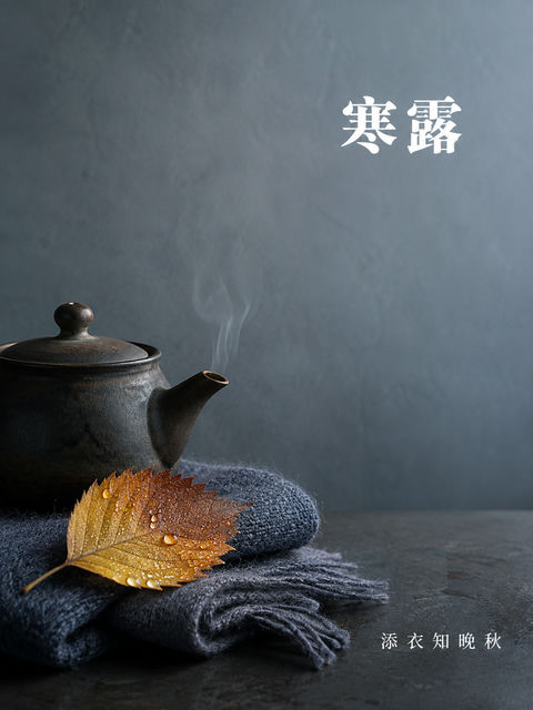 寒露秋意浓深色陶壶与羊毛织物静物海报 - AI图片提示词示例