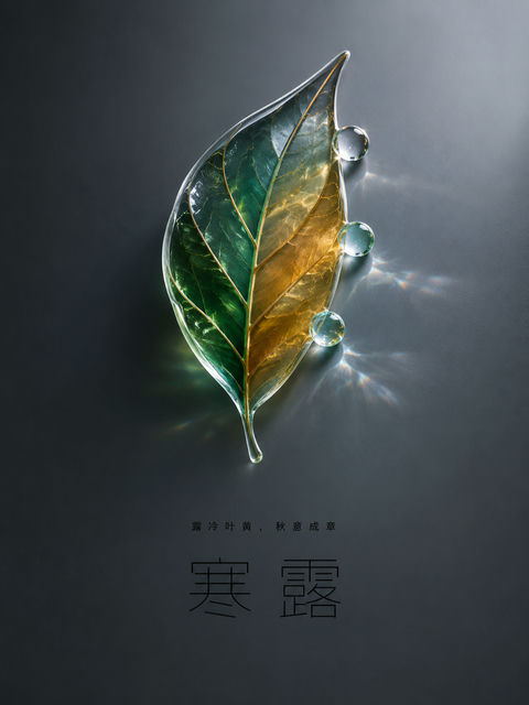 寒露节气晶莹玻璃叶片艺术海报 - AI图片提示词示例
