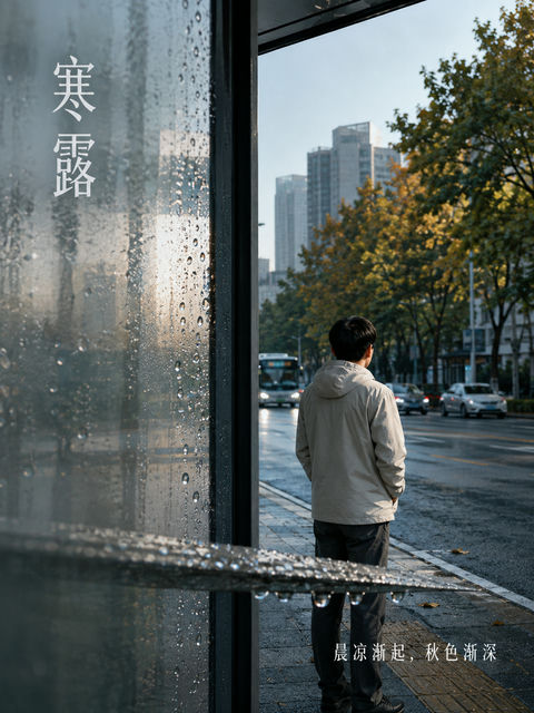 寒露清晨城市公交站纪实摄影海报 - AI图片提示词示例