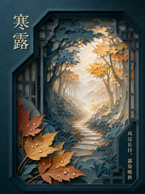 寒露节气深秋林间小径九层纸雕海报 - AI图片提示词示例