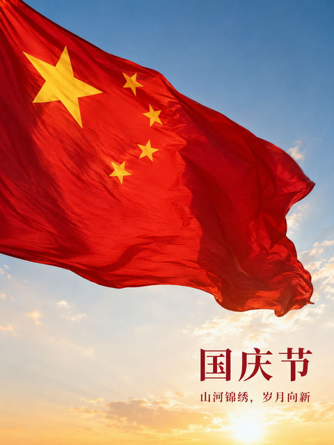 庄重国庆摄影海报：迎风展开的五星红旗 - AI图片提示词示例