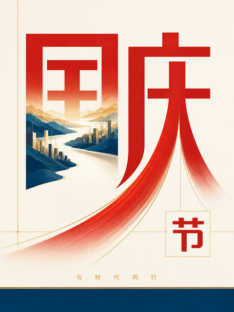极简主义国庆山河负形字体海报 - AI图片提示词示例