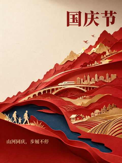 盛世华诞山河同庆纸雕剪影艺术海报 - AI图片提示词示例