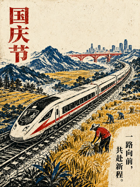 国庆木版画：现代列车穿行锦绣河山 - AI图片提示词示例