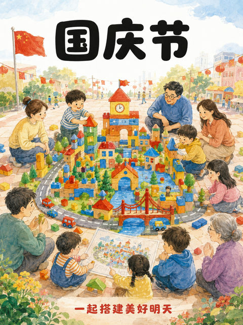 国庆节儿童绘本风社区共建积木城市海报 - AI图片提示词示例