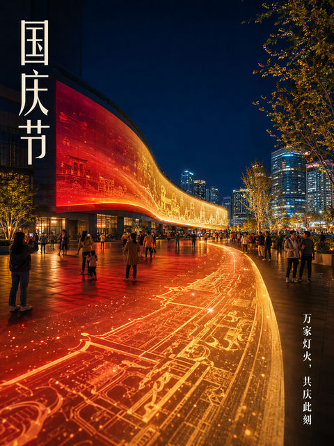 现代都市光影：国庆之夜金色长廊 - AI图片提示词示例