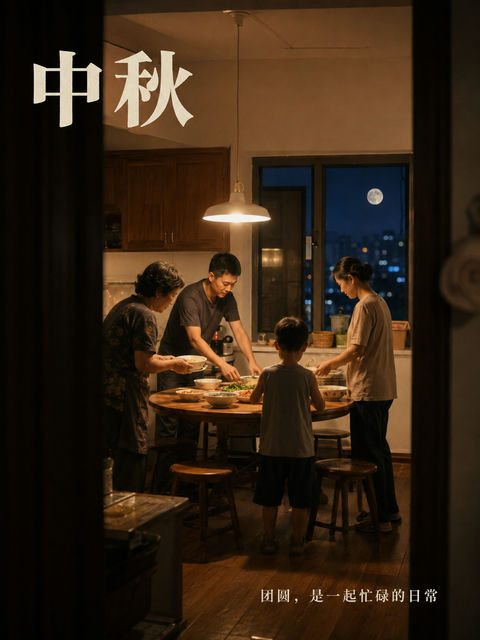 温馨中秋佳节阖家忙碌纪实摄影海报 - AI图片提示词示例