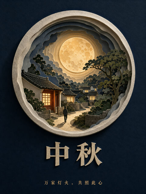 中秋纸雕艺术：月影人间万家灯火海报 - AI图片提示词示例