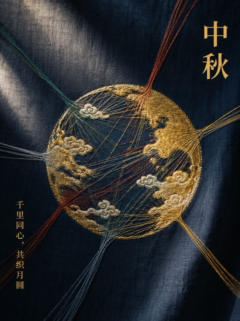 丝绣中秋：千里同心共织璀璨团圆明月 - AI图片提示词示例