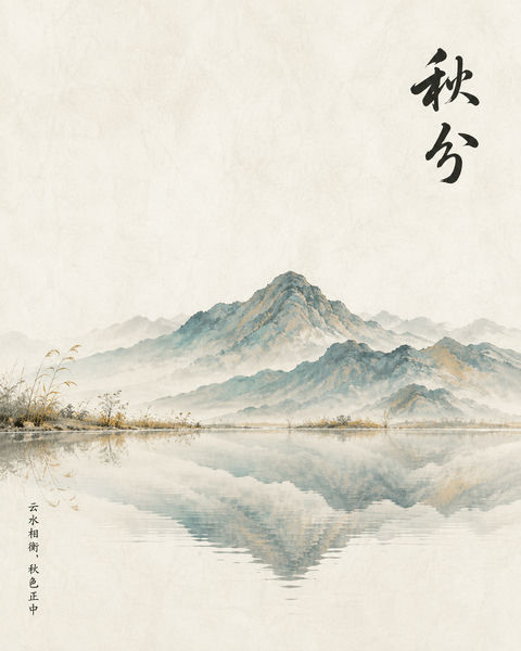 极简禅意水墨秋分山水平衡构图海报 - AI图片提示词示例