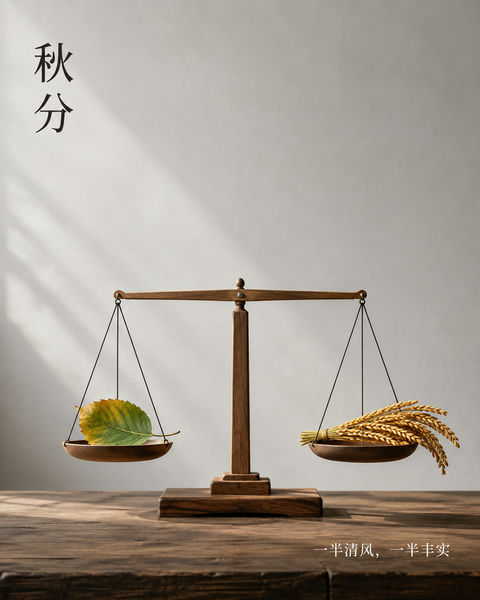 秋分极简木质天平静物平衡美学摄影 - AI图片提示词示例