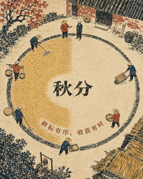 匠心木刻秋分：圆融晒场上的收获乐章 - AI图片提示词示例