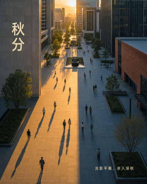 秋分城市光影平衡极简构图海报 - AI图片提示词示例