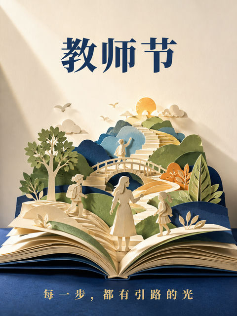 立体书卷里的教师节创意纸雕海报 - AI图片提示词示例
