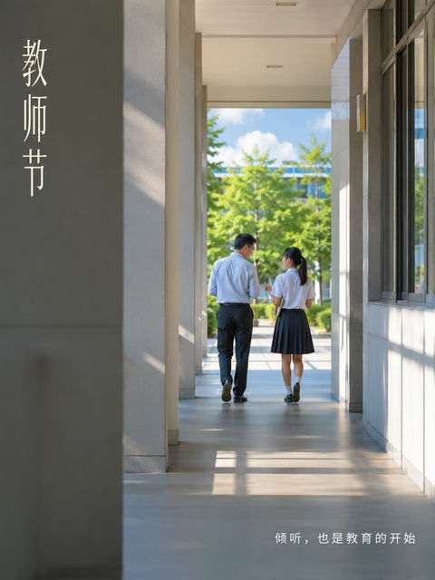 晨光长廊下的师生同行剪影海报 - AI图片提示词示例