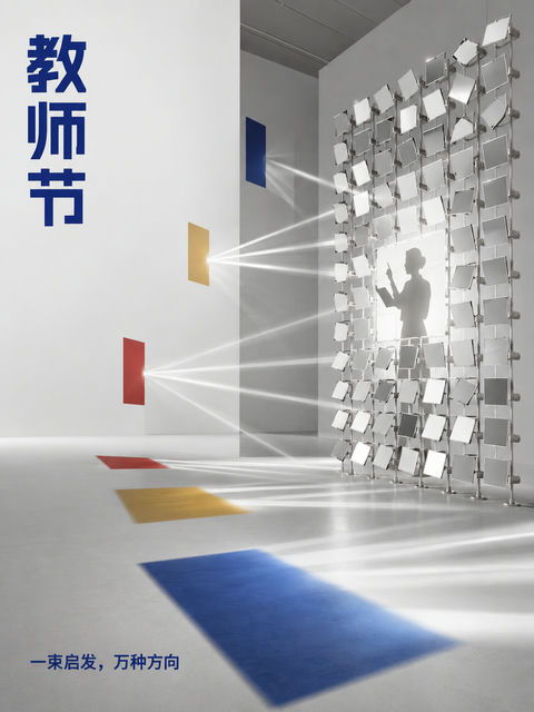 极简光影装置教师节启发之路海报 - AI图片提示词示例