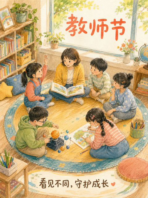 温暖手绘彩铅教师节多元课堂海报 - AI图片提示词示例