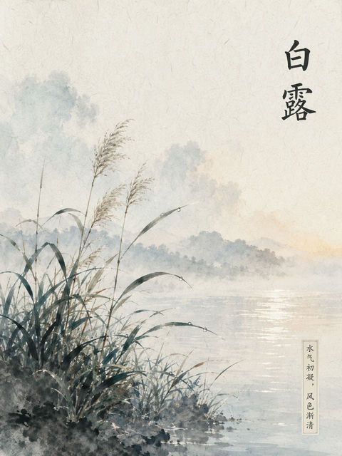 晨光微露：白露时节水墨芦草艺术海报 - AI图片提示词示例
