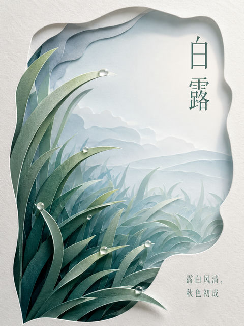 八层青绿渐变纸雕白露节气海报 - AI图片提示词示例