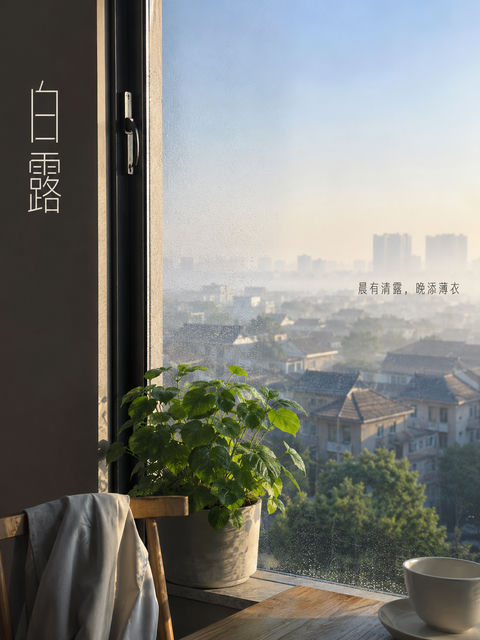 晨曦微凉白露至窗外城市远景海报 - AI图片提示词示例