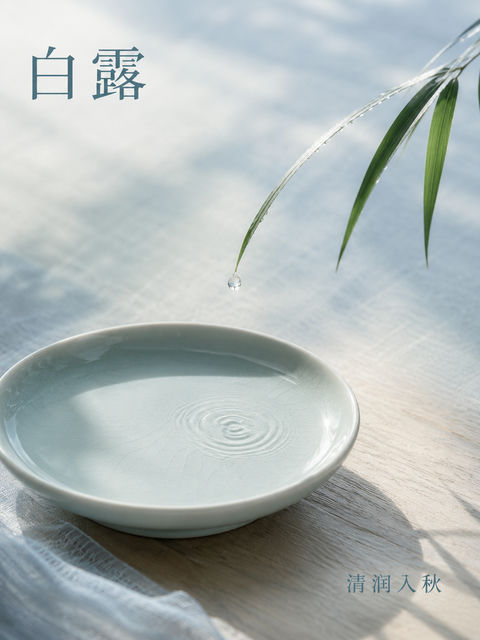 晨光映白露：青瓷浅盘与叶尖露水的极简美学 - AI图片提示词示例