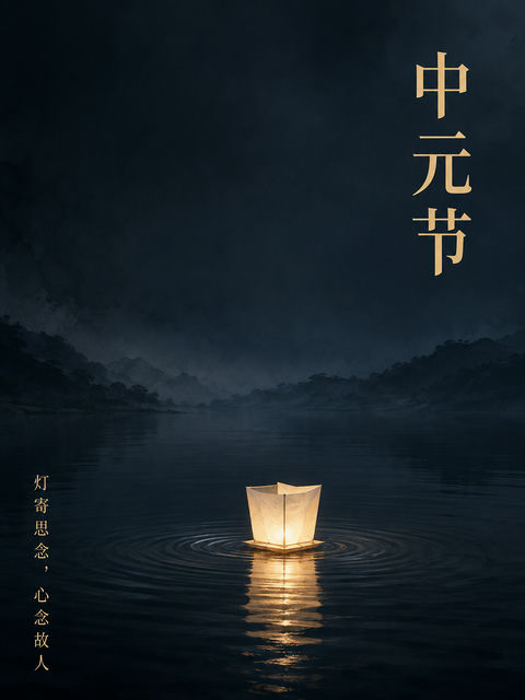 中元寄思素白河灯静谧新中式海报 - AI图片提示词示例