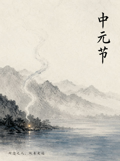 中元节意境水墨海报：思念如烟 - AI图片提示词示例