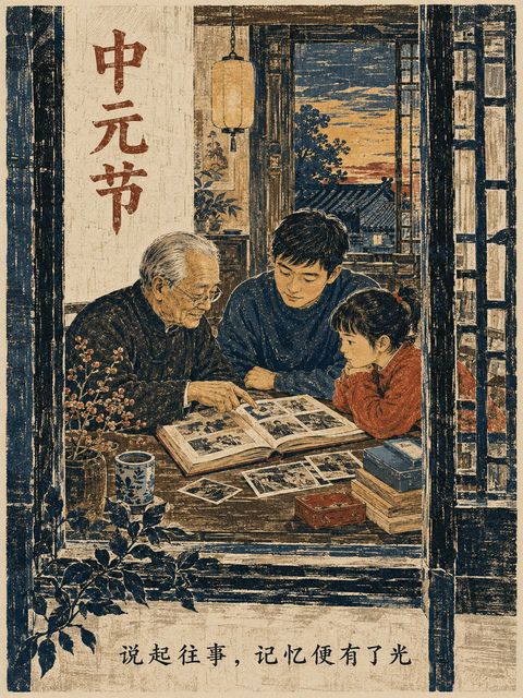 墨香与夕光：中元节家族记忆传承木版画 - AI图片提示词示例