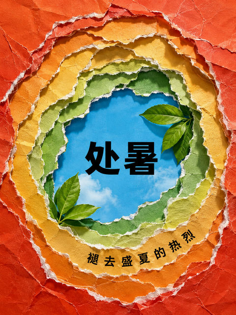 处暑节气撕纸拼贴艺术竖版海报 - AI图片提示词示例