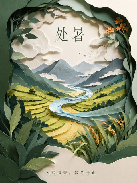 处暑时节山谷纸雕微缩景观海报 - AI图片提示词示例