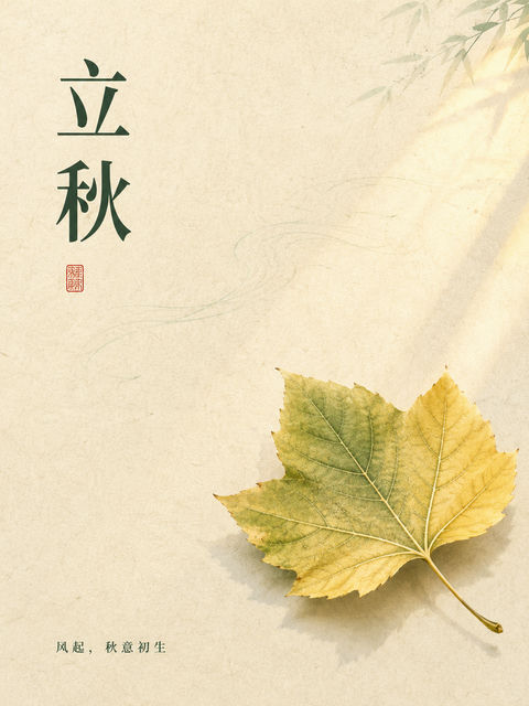 唯美新中式立秋微黄梧桐叶艺术海报 - AI图片提示词示例
