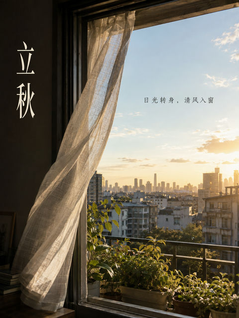 窗前立秋：掠过纱帘的夏末金色余晖 - AI图片提示词示例
