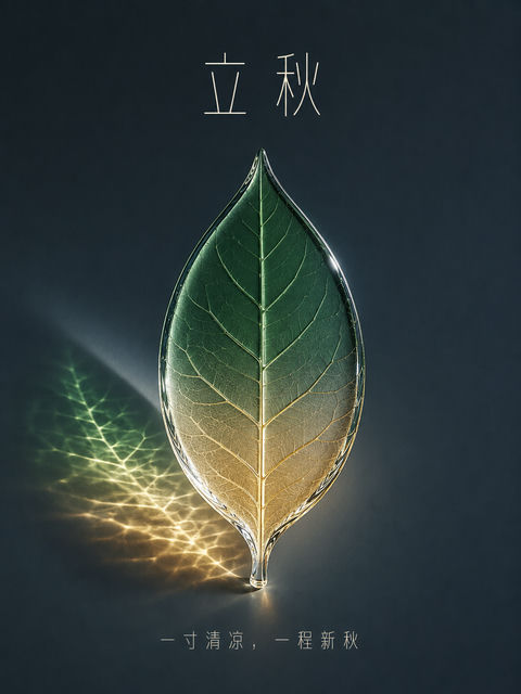 极简玻璃叶片立秋节气艺术海报 - AI图片提示词示例