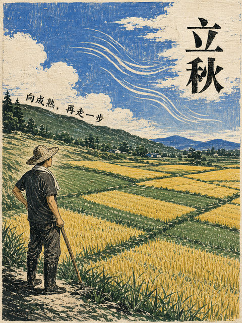 现代中式木刻版画立秋节气海报 - AI图片提示词示例