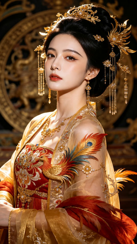 纯欲CCD风金红神装妖冶冷白皮美女 - AI图片提示词示例