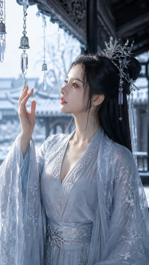 雪檐冰铃清冷古风仙侠女主写真 - AI图片提示词示例