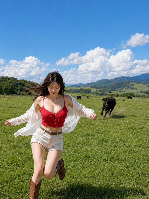 牧草地奔跑的红衣女子与黑牛追逐图 - AI图片提示词示例