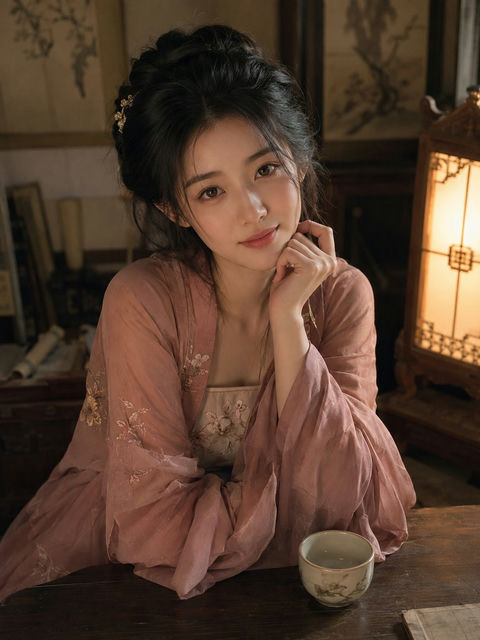 古风写实韩国女性汉服茶桌人像摄影 - AI图片提示词示例