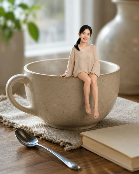 微缩世界：坐在巨型咖啡杯沿上的精致迷你人 - AI图片提示词示例