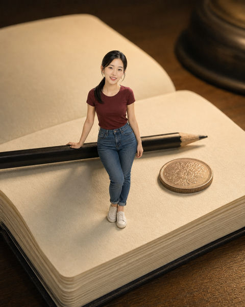 书卷中的微缩人生：酒红衬衫男子的奇幻纸境 - AI图片提示词示例
